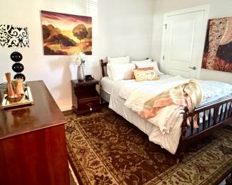 Queen Bed - with new mattress and box, 8 x 8' rug , art, lamps and more…