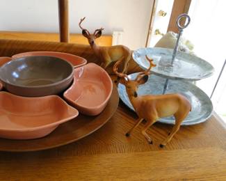 Deer with fancy serving trays, and tiered bowls and dishes too