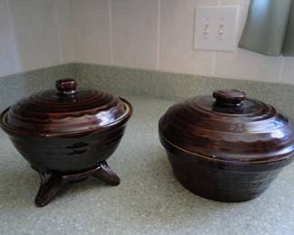 Another photo of the bean crocks, with the possibility of being a pasta crock, or fruit salad.  But fruit salad would look stupid in brown.