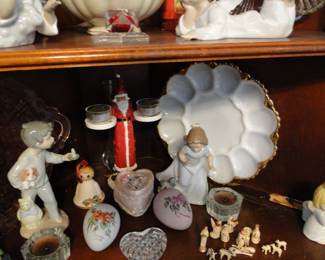 Gold rimmed, and milk glass deviled egg platter and small fun holiday items