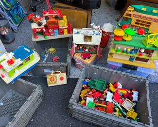 Fisher Price Holiday Inn, Camper, Village, Barn Tons of little people, animals, cars, 2 fire engines. 