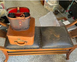 Rolex Leather suitcase, vintage binoculars, Cool Old Bench