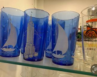 Hazel Atlas Glass Blue Sailboat Drinking Glasses Tumblers Vintage