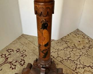 Antique marquetry chess/checkerboard table opens to compartment with onyx chess pieces. Alternate view.