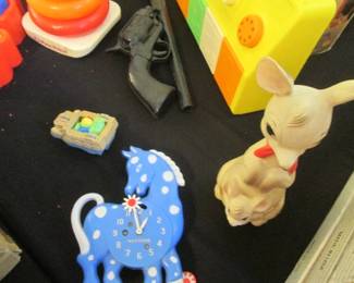 Lux/Westclox Blue Calico Horse Wall Clock, C-1958.  Vintage Edward Mobley Kangaroo & Baby.
