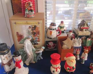 Variety of Christmas Decor:  Candles, Tea Pot, Snow Globe, Figurines, Nativity Scenes, Villages, Lighting, Wreaths, 