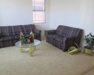 Sofa & Love Seat + Brass & Glass Coffee Table, 36" and             2-End Tables, 26".   Brass Planter & Magazine Rack