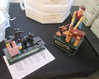 "Cat and Mouse" Mechanical Bank, Cast Iron Reproduction.                                                                           "Woodcutter" Mechanical Bank, Wind-Up Collectible By "Design Toscano"