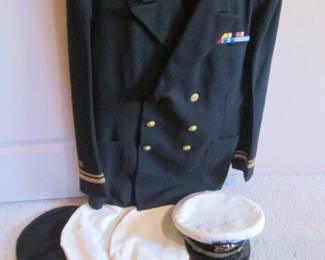 WWII Double-Breasted Dress White Navy Blazer, Gold Buttons & Ribbon Bar + Accessories