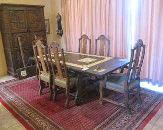 Dining Room Table/6-Chairs & 2-12" Leaves, 72" X 43".     Large Ornately Carved Armoire, 50" X 24" X 84" High