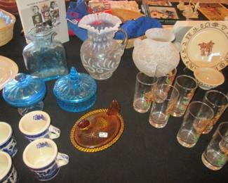 Blue Opalescent Glass By Fenton                                           Amber Glass "Hen on Nest" Candy Dish By Indiana Glass