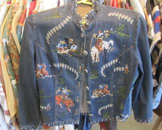 Denim Shorty Jacket, Metal Buttons & Horse-Themed Patterns
