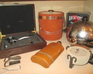 Vintage Bar Ware:  Flask, Ice Buckets, Coasters, Bottle Openers, Decanters