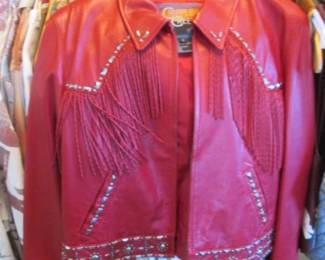 Red Leather, Jeweled & Fringed Jacket