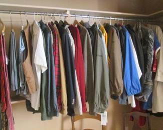 Men's Clothing, Jackets, Shirts (L), Slacks, Ties,             Baseball Caps