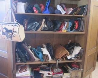 Armoire Interior, 4-Shelves + 1-Lower Drawer                                     Loaded with Make-Up Bags & Purses