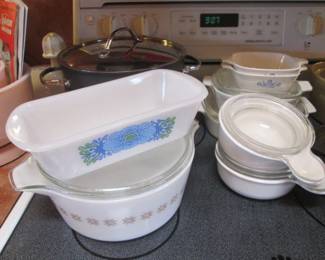 Blue/Green Patterned Loaf Pan, 1970's, Jeanette Glasbake Mod Flower + Assorted Corning Ware