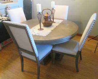 Dining Table, 54" Round, 1-18" Leaf  + 4-Chairs, Upholstered & Studded