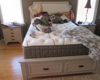 Queen Bed, Headboard & Storage Drawer Frame, Dover Grey with Folkstone Finish by Vaughan Bassett, L & M.        Queen Mattress By Aireloom. 