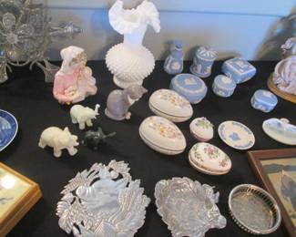 Wedgwood Jasperware Covered Trinket Boxes, Hobnail Milk Glass + Figurines 