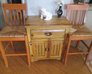 3-Rush Seats Bar Stools, 25" & Detailed Pine Cabinet