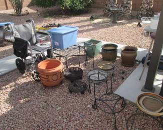 Wheelchair, Plant Stands & Large Planting Pots