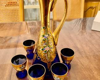 Vintage Murano Hand Painted Italian Gilt Decanter with 6 Cordials