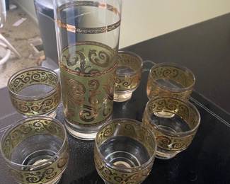 Mid Century Culver Gold Toledo Cocktail Set with Ice Lip Pitcher, Green Gold Baroque Pattern Glasses
