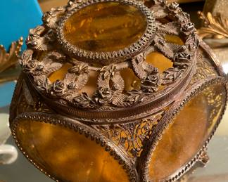 Vintage French Ormolu Hexagon Amber Glass Casket Box