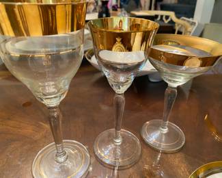 Mid Century Dorothy Thrope Gold Rim, Wine, Water, Champagne, Cordials Glasses