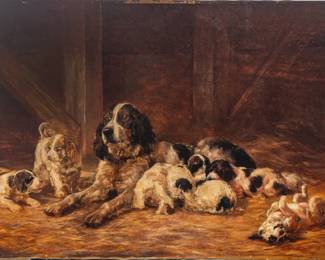 Lot 1009
Edmund Henry Osthaus (American, 1858-1928) Oil on Canvas 'Setter with Her Pups', H 17" W 26" Frame Size: H 23.5" W 32.5"