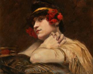 Lot 1011
Thérèse-Marie Géraldy (French, 1884-1965) Oil on Canvas, 1906, 'Woman with Poppies', H 15.25" W 18.25" Frame Size: H 19.75" W 22.75"