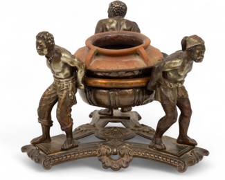 Lot 82
Spelter Lamp Base 19th C., '3 Moorish Figures Upholding a Large Pot', H 7.75" Dia. 9"