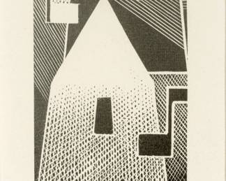 Lot 1057
Paul Landacre (American, 1893-1963) Wood Engraving on Wove Paper 1954-58, 'Musical Houses', H 5.2" W 2.5" Frame Size: H 13.75" W 9.5"