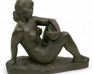 Lot 1025
Anker Hoffmann (Danish, 1904-1985) Bronze Sculpture, 1975, 'Reclining Female Nude', Edition 7/7, H 27" L 30" Depth 16"