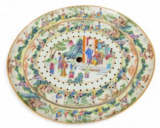 Lot 88
Cantonese Famille Rose Mandarin Porcelain Large Deep Well Platter with Inset Pierced Drainer Early 19th C., H 2.5" W 17.25" L 20"