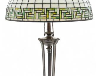 Lot 11
American Art Glass Table Lamp on Bronze Base 20th C., 'Greek Key', H 24" Dia. 18"