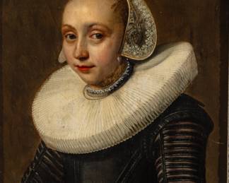 Lot 1001
Thomas De Keyser (Dutch, 1596-1667) Oil on Beveled Panel, 17th C., 'Portrait of a Young Woman', H 14" W 11.5" Frame Size: H 24.75" W 22.5"