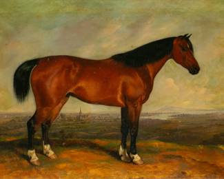 Lot 1003
John E. Ferneley, Sr. (English, 1782-1860) Oil on Canvas, Early 19th C., Chestnut Hunter Outside of Melton Mowbray H 20.5" W 27.5" Frame Size: H 27.5"
