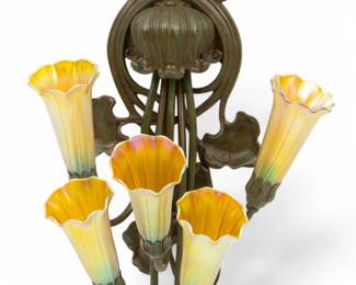 Lot 32
Pair of Tiffany-Style Bronze And Iridescent Glass Five-Light Sconces H 18" W 12" Depth 9" 1 PAIR