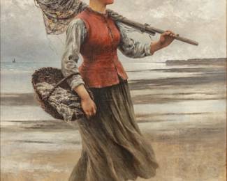 Lot 1008
August Hagborg (Swedish, 1852-1921) Oil on Canvas, 'Bretagne Fisherwoman', H 48" W 30.25" Frame Size: H 64" W 46.5"