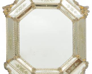 Lot 57
Venetian Murano Glass Mounted Mirror, Infused with 24K Gold 20th Century H 77" W 54" Depth 7"