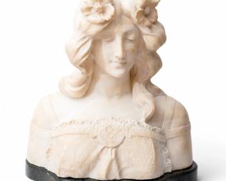 Lot 78
Signed Gori, Carved Alabaster Bust of a Woman, Ca. 19th.c., H 17" W 15" Depth 8.5"
