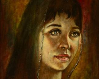 Lot 4013
Bearing Signature Spencer Mid-Century Modern Oil on Canvas 1960-1970, 'Girl with Hair Beads', H 16" W 12" Frame Size: H 22" W 18"