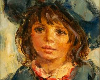 Lot 4012
Lisette De Winne (Belgian/American, 20th C.) Mid-Century Modern Oil on Canvas 'Girl in Blue', H 12" W 9" Frame Size: H 19" W 16"