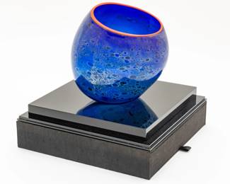 Lot 17
Dale Chihuly (American, B. 1941) Blue Blown Glass Vase, Orange Rim 'Untitled', H 9" W 7.5"