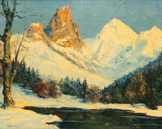 Lot 4024
Istvan Megyery (Hungarian, 1898-1972) Oil on Canvas, Mid 20th C., 'In the Alps', H 23" W 31" Frame Size: H 29" W 37"