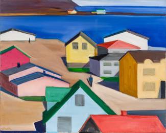 Lot 1040
Louisa Matthiasdottir (Icelandic/American, 1917-2000) Oil on Canvas 'Icelandic Village', H 32" W 40" Frame Size: H 36" W 44"