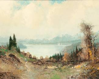 Lot 4003
Willi Bauer (Germany, B. 1923) Oil on Canvas 1960, 'Landscape with Lake And Figures', H 24" W 36" Frame Size: H 32" W 44"