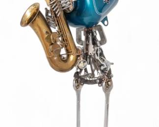 Lot 1068
Sonny Dalton (American, 1933-2011) Monumental Steampunk Mixed Metal Sculpture 2002, 'Harley Davidson Sax', H 68" W 18" Depth 15"